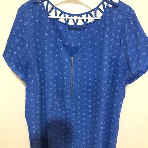 Blue polka dotted v neck blouse